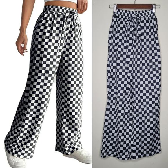 Sz S Black White Checkerboard Wide Leg‎ Pants Vaudeville Burtoncore Dark Caberet - Picture 1 of 8